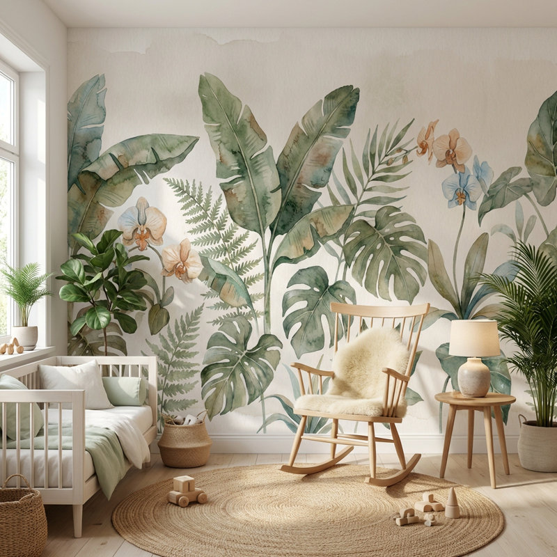 Papier peint botanique aquarelle tropicale, Non tissé non collé, 120" x 96"