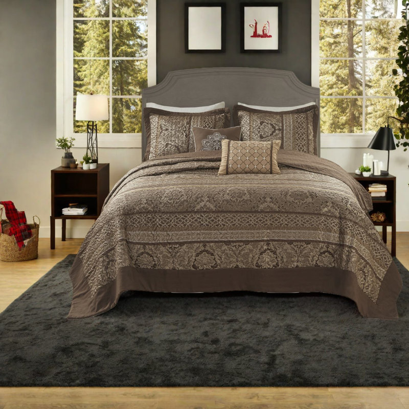 Ensemble de literie luxueuse 5 pièces en jacquard réversible brun et doré, très grand
