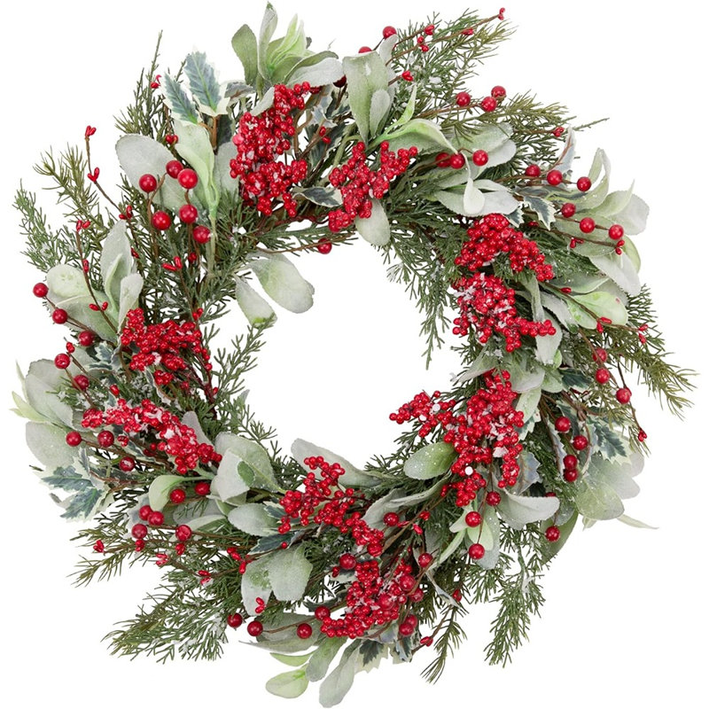 Couronne de Noël Lamb's Ear & Snowy - vert / blanc / rouge
