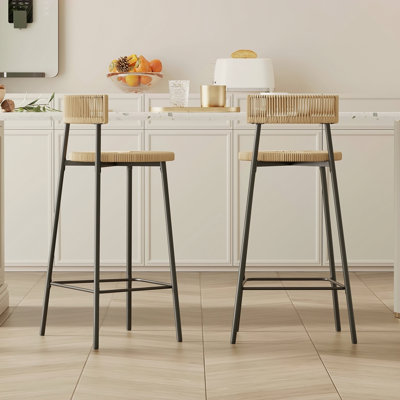 Hand Woven Bar Stools With Back Set Of 2 Paper Rope Round Barstools With Footrest For Kitchen Island & Dining Rooms
