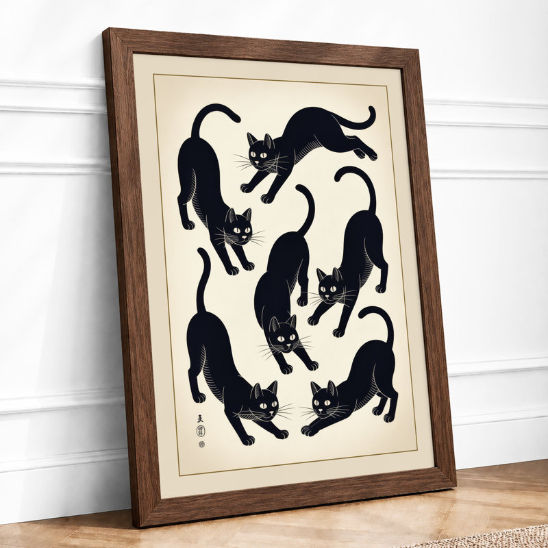 Six Cats Dancing Japandi - Print, Walnut, A3 - 42.0 x 29.7 cm