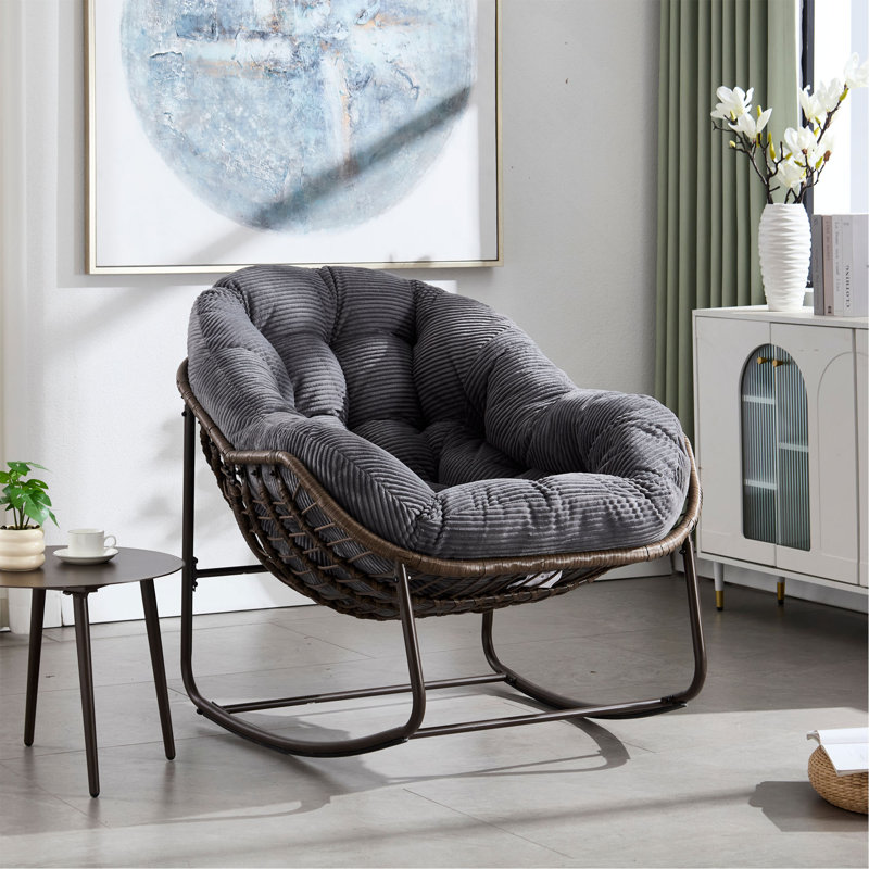 Chaise berçante d'extérieur en rotin, fauteuil inclinable et berçant rembourré pour le porche, le salon, le patio et le jardin
