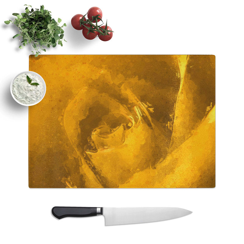 Glass Golden Rose Flower in Abstract Chopping Board, 28.5 cm W x 20 cm L