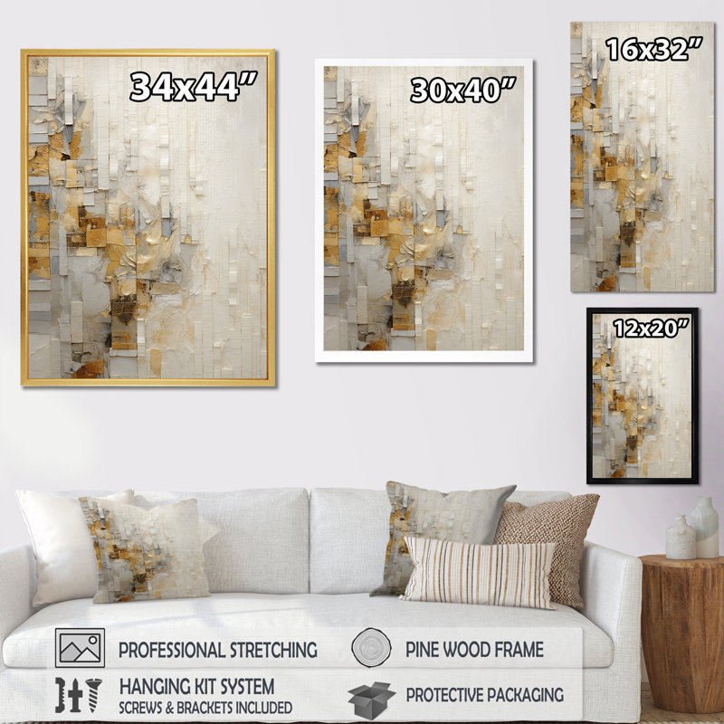 Or abstrait et divisé blanc III sur toile, Cadre flottant doré, H 20 po x l 12 po x P 1 po