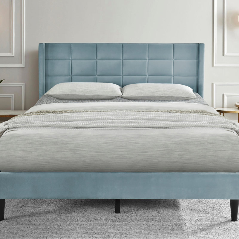 75.9'' W King Size Upholstered Platform Bed with Velvet Fabric & Square Tufted Headboard, Blue, King