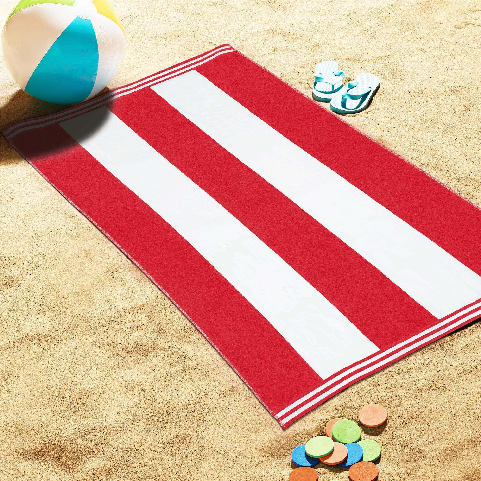 Calheta Cotton Oversized Cabana Stripe Beach Towels, Red, 1