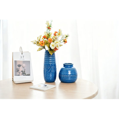 Vase en céramique gaufré bleu dégradé Boho Tribal