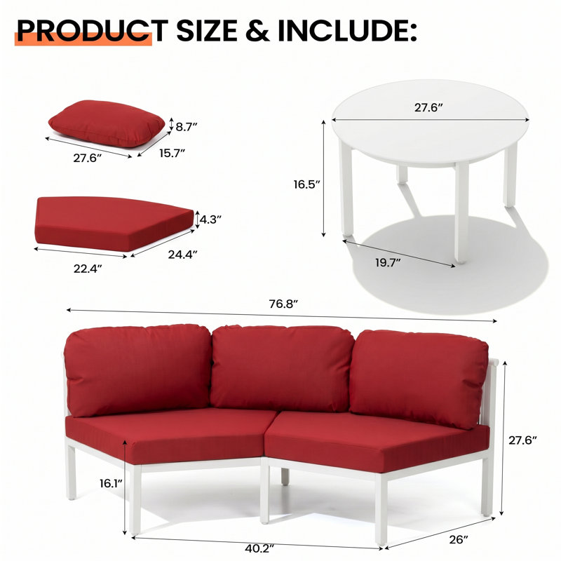 Ensemble de conversation pour patio pour 4 personnes en aluminium avec table, Piment