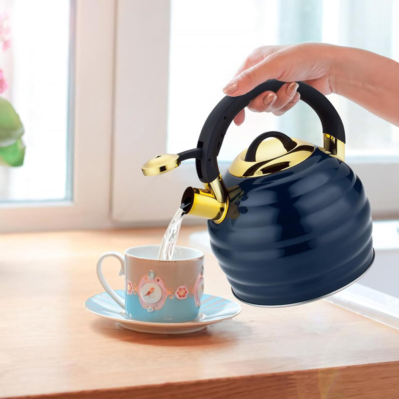 Bouilloire à sifflet en acier inoxydable avec poignée ergonomique, base à 5 couches avec théière à ébullition rapide compatible avec les cuisinières électriques à gaz à induction