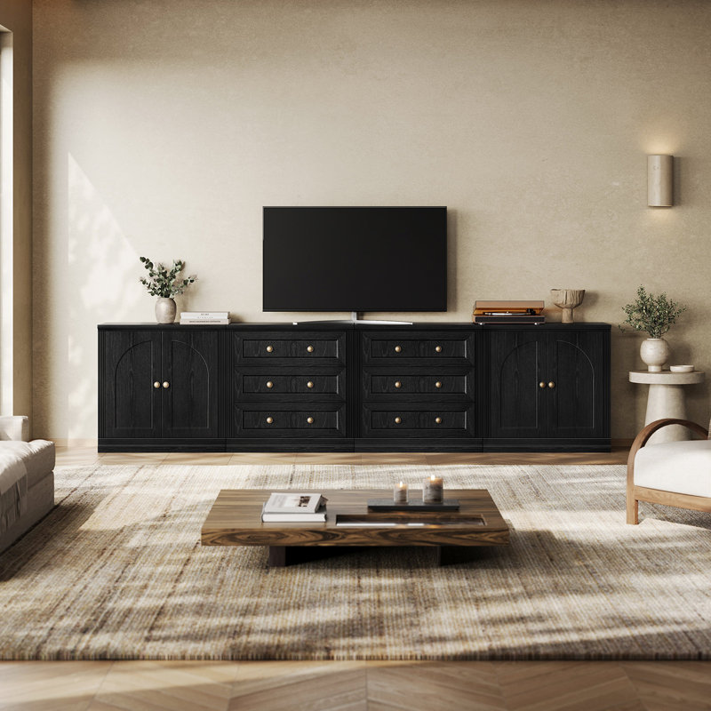 Buffet modulaire moderne Monos avec placards de rangement à portes cintrées et placards bas à 3 tiroirs, noir, Noir
