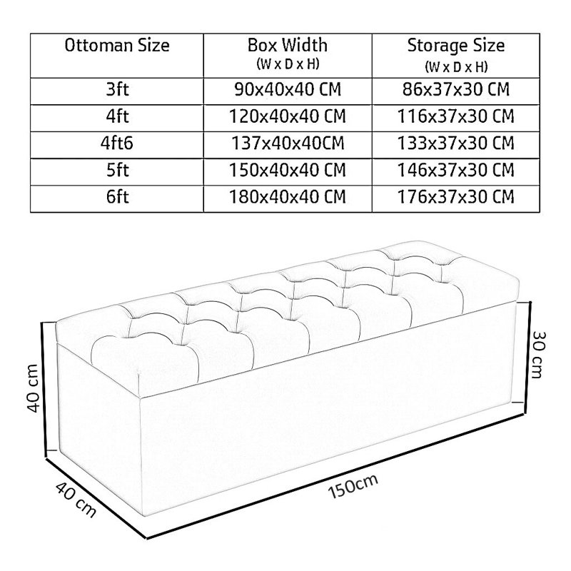 Divan Chesterfield Wide Velvet Rectangle Solid Color Standard Ottoman Box with Storage, White, 40cm H x 150cm W x 40cm D