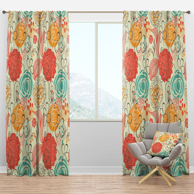 Motif floral rétro - panneau de rideau simple semi-transparent bohémien et éclectique