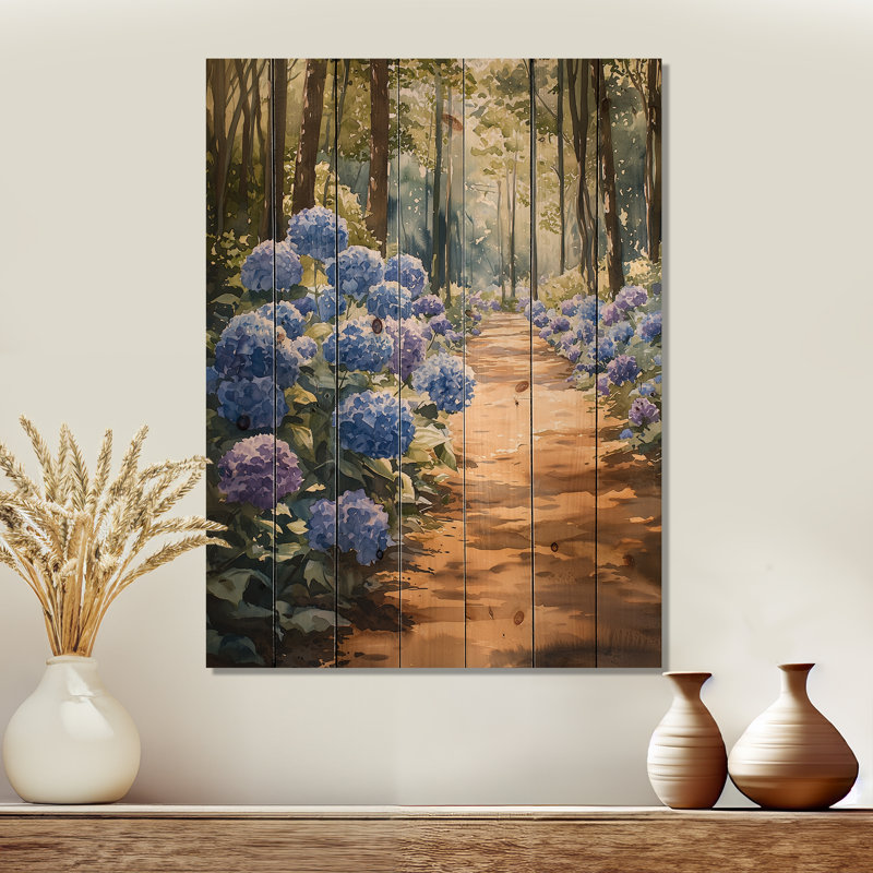 Hortensias dans le chemin du jardin I - Art mural en bois d'hortensias - sur bois de pin naturel