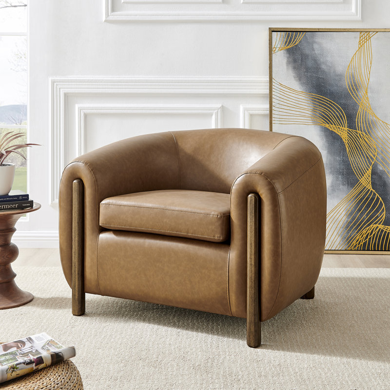Leamon Fire-Resistant Upholstered Barrel Chair, Vintage Cider Faux Leather, 28" H x 38.5" W x 33" D
