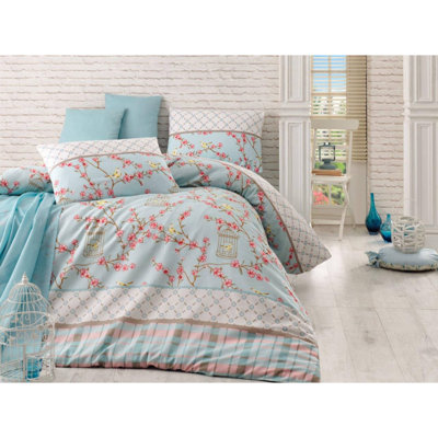 Elegant Double Quilt Cover Set, Turquoise & Cream with Pink & Brown Accents | 65% Cotton / 35% Polyester, Duvet Cover 78.7 x 86.6 in, Flat Sheet 86.6 x 94.5 in, 2 Pillowcases 19.7 x 27.6 in | Machine Washable, Button Closure