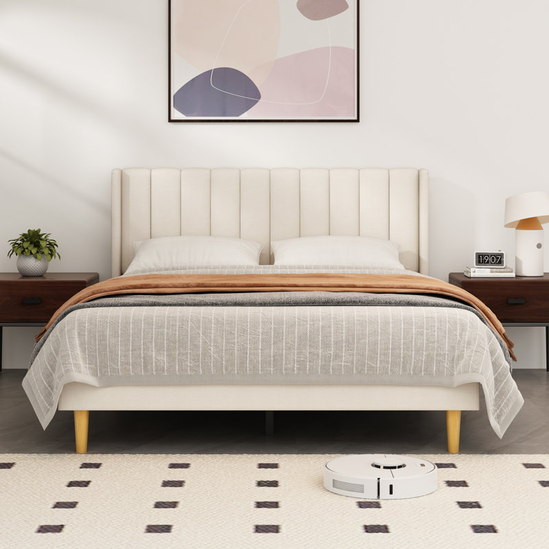 Base de lit tapissier avec tête de lit à oreilles Deeb, Grand, Velours beige