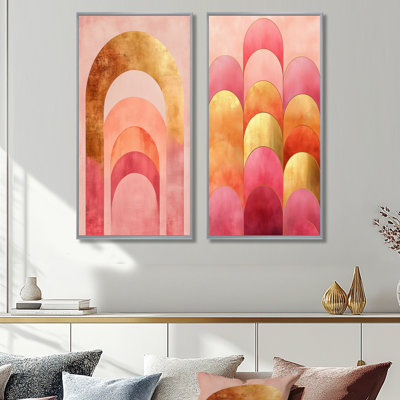 Art mural rose 2 pièces, écoulement contemporain I - arcs roses et dorés, toile abstraite arc