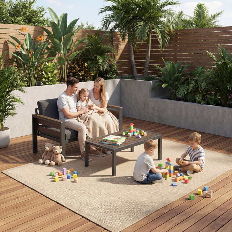 2-Piece Outdoor Loveseat Set with Coffee Table, Wide WPC Armrests, 5" Thick Cushions, Aluminum Frame Patio Furniture Set for Backyard, Balcony, Dark Gray