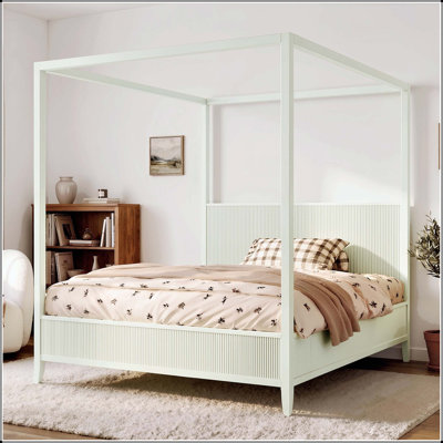 Queen Wooden Canopy Platform Bed - Fluted Four-Poster Design