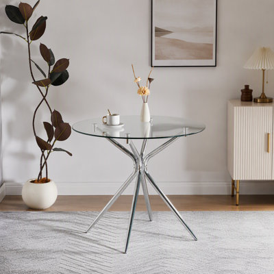 Dining Table With Chrome Metal Leg And Tempered Glass,Modern Space Saving Kitchen Table For Living Room,Chrome Color Metal Legs
