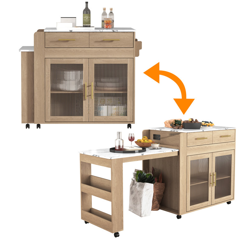 Jamirrah  Kitchen Island with Extendable Table, Natural/White