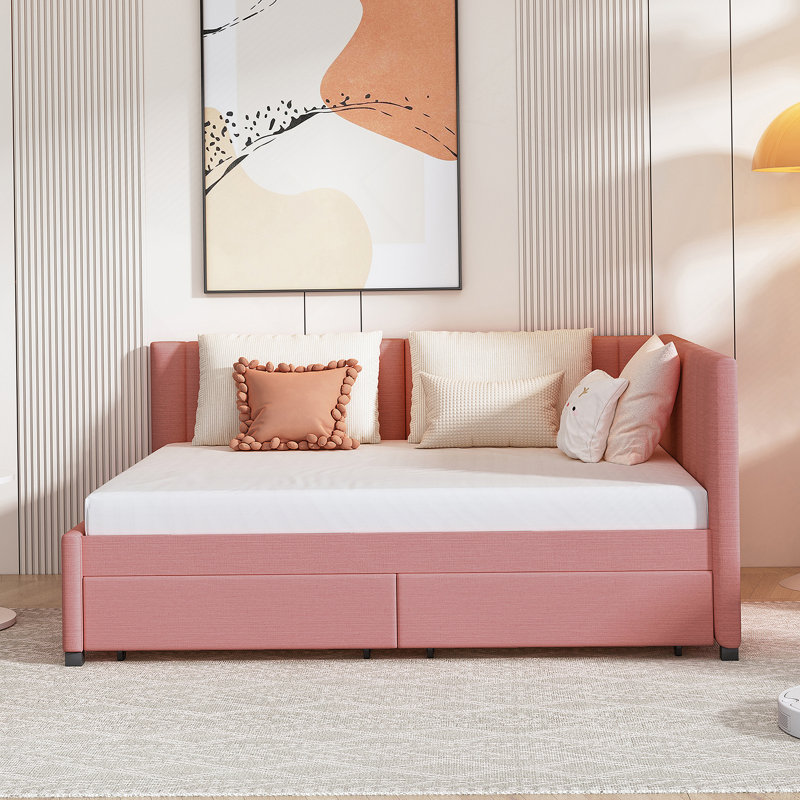 Full Upholstered Daybed with 2 Storage Drawers Sofa Bed Frame, Pink