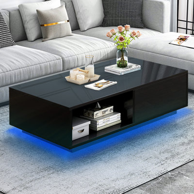 Rectangle High Gloss Coffee Table With Drawer, Sofa Side Central Table With 16 Colors Led Light