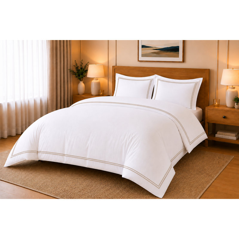 100% Egyptian Cotton 500 Thread Count Duvet Cover Set with Embroidered Design Soft Sateen Bedding, White & Natural