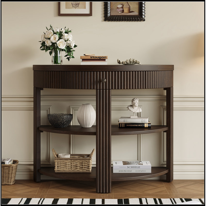 Console demi-lune avec tiroir et 2 tablettes, Espresso