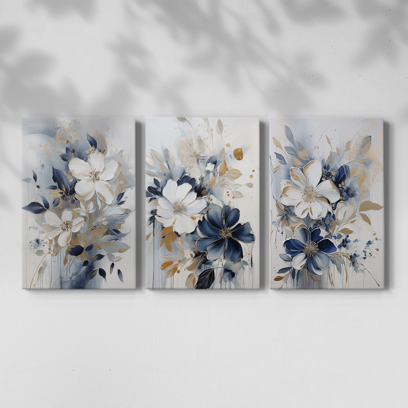 Étude florale CIV - Ensemble de 3 toiles tendues avec châssis - Prêt à être accroché, H 60 po x l 40 po