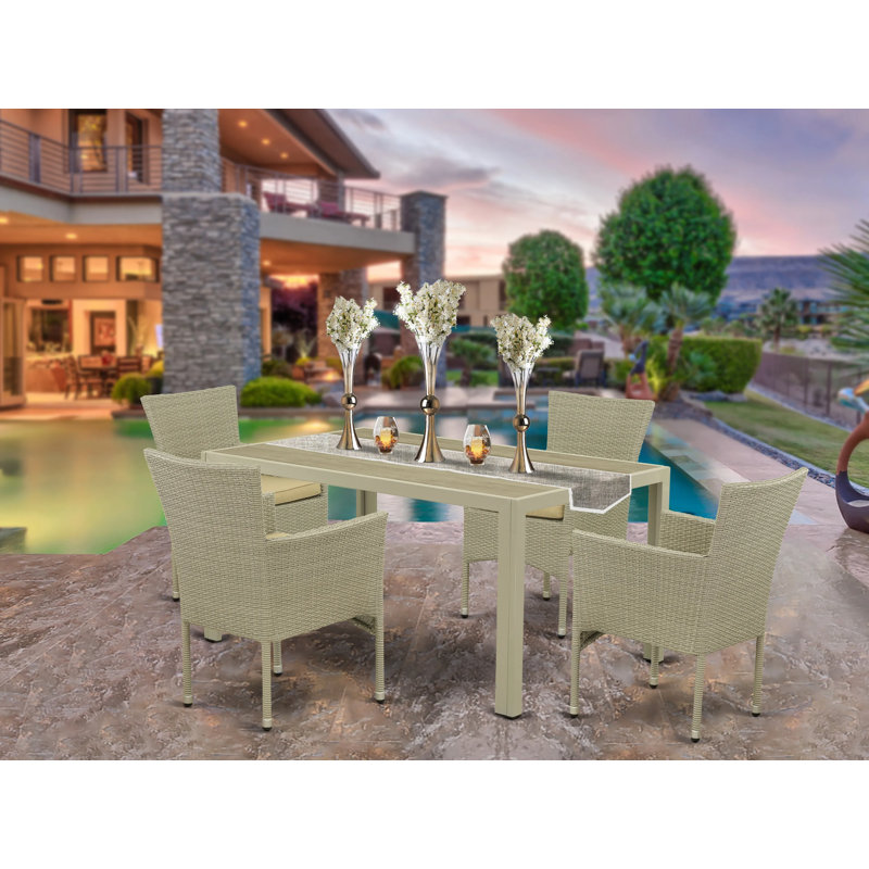 Ensemble de mobilier d'extérieur en osier 5 pièces comprenant une table de bistro rectangulaire avec plateau en verre et 4 fauteuils de balcon avec coussin, lin naturel