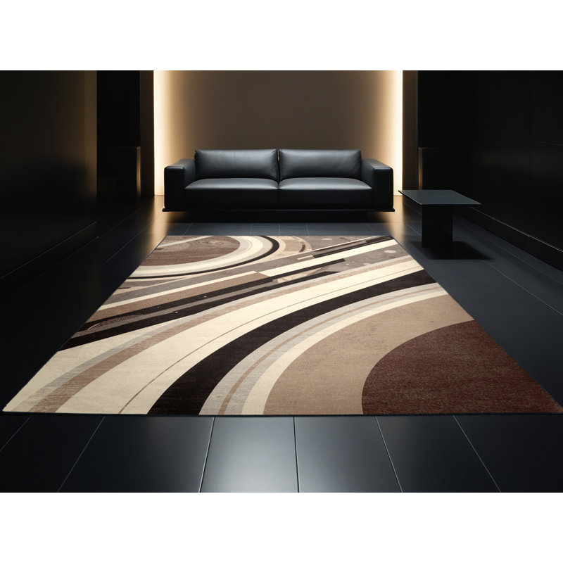 Soft Plush Polett Planetary Rings Modern & Contemporary Geometric Shapes Area Rug in Beige – Black Binding, null