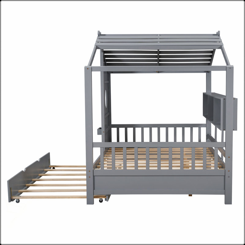 Lit double en bois avec lit gigogne et tablette de rangement, design moderne pour enfants en gris, durable et sécuritaire
