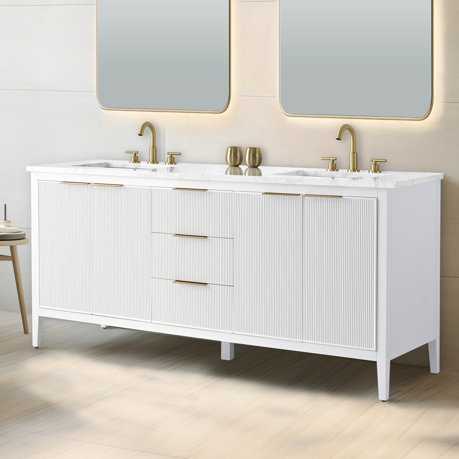 Bilroy 72" Pine Double Bathroom Vanity, White/Brushed Bronze