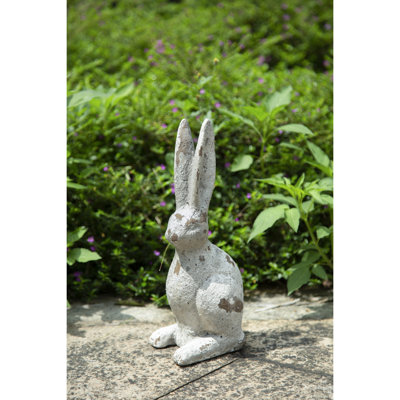 12.8" Weathered Cement Cream Rabbit Statue, Vintage Garden Bunny Ornament