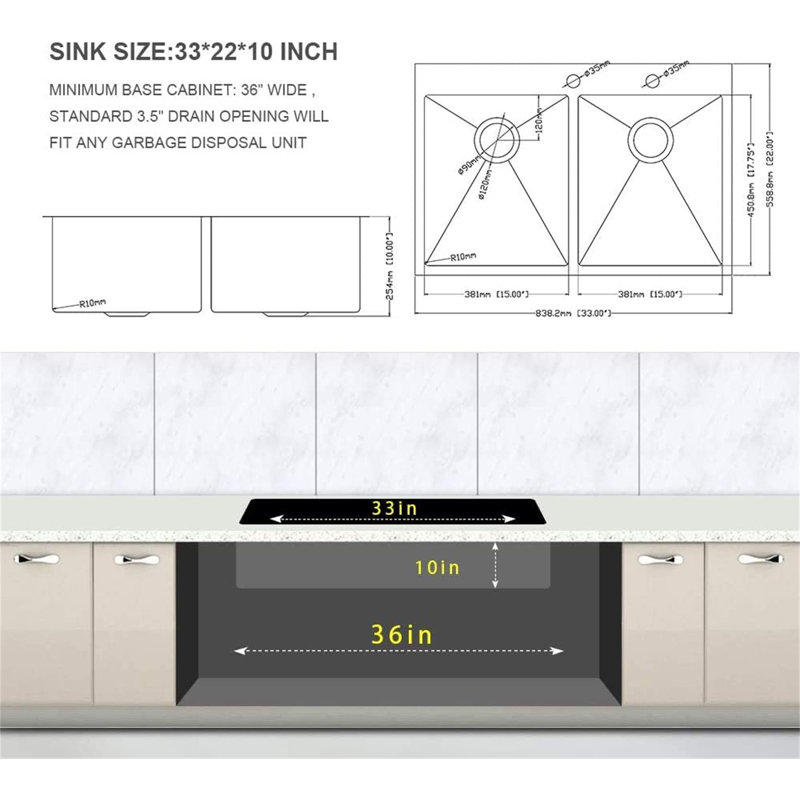 33" L x 22" W Drop-in Double Bowl 50/50 Sink 16 Gauge Stainless Steel Kitchen Sink Topmount Sink, Stainless Steel