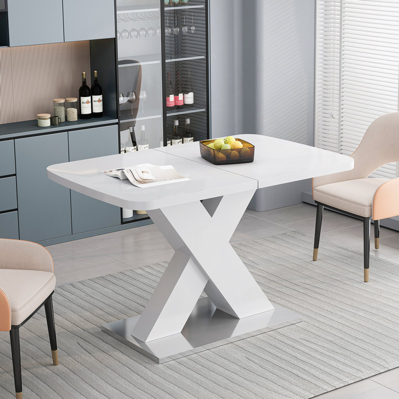 Table de salle à manger moderne carrée, extensible, plateau de table blanc + pied de table en MDF en X avec base en métal