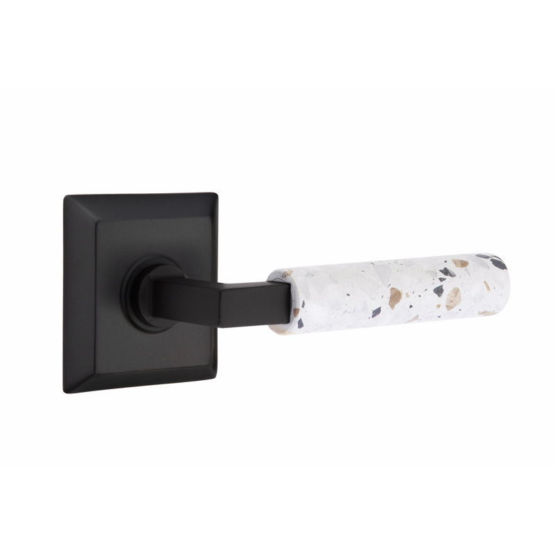 Ensemble de faux levier Emtek Select, rosette Quincy, tige carrée en L, poignée en marbre blanc, Noir mat / terrazzo clair