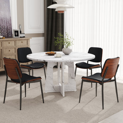47'' Round Dining Table Set, Farmhouse Kitchen Table With Modern Faux Leather Chairs