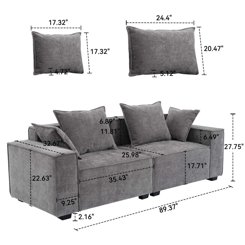  89" Modern Upholstered Sofa Square Armrest Couch Chenille Loveseat, Gray
