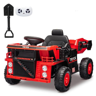 12V Ride On Dump Truck for Kids,Remote Control Electric Construction Vehicle with Dump Bed & Shovel, Music, High/Low Speed, 4-Wheel Shock Absorption,T