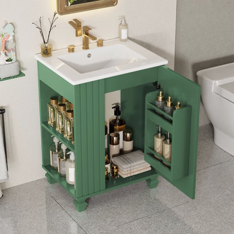 Meuble-lavabo classique 24 po avec lavabo en céramique - Structure en bois de pin massif, porte à fermeture en douceur avec tablette à 2 niveaux, espace de rangement latéral ouvert et sous-lavabo, armoire autoportante pour petites salles de bain