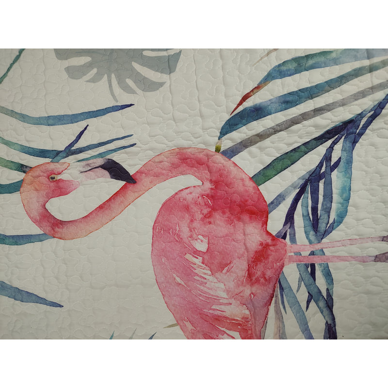 King Size Pink Flamingo and Aqua Palms Microfiber Quilt Set