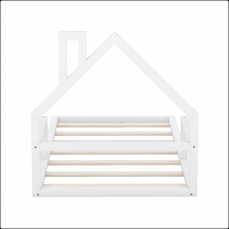 Wood Floor Bed With House-Shaped Headboard, Durable Solid Wood Construction For Cozy And Modern Bedrooms, Twin, White