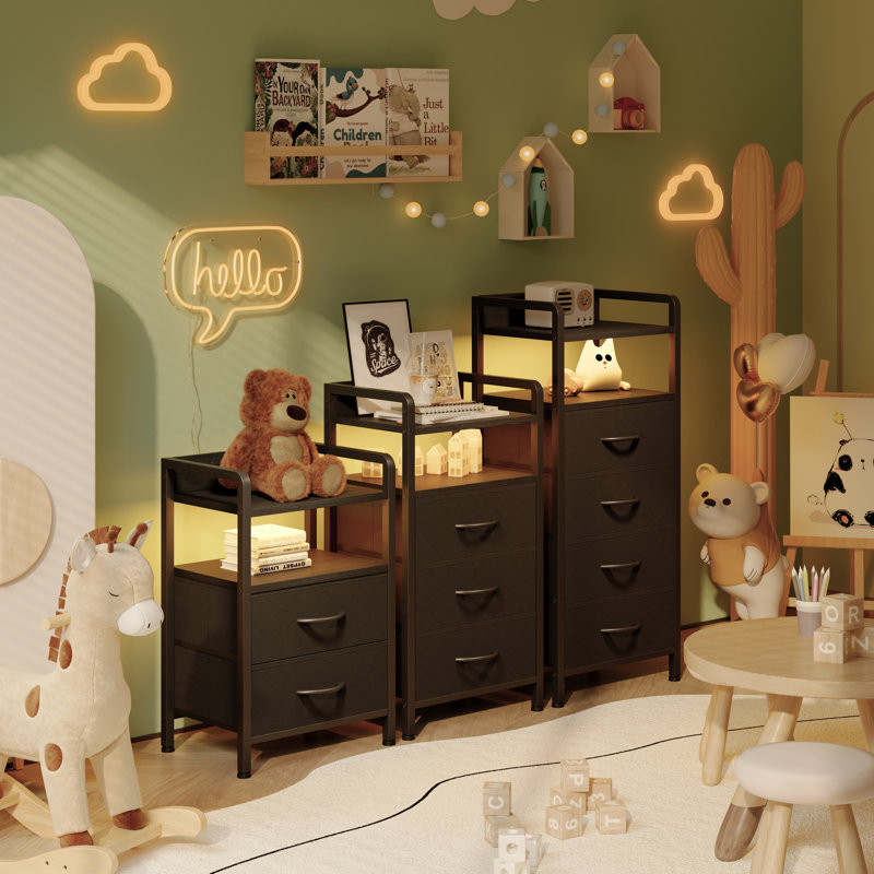 4 Drawer 36'' Tall Nightstand with Charging Station & LED Light Strip, Black
