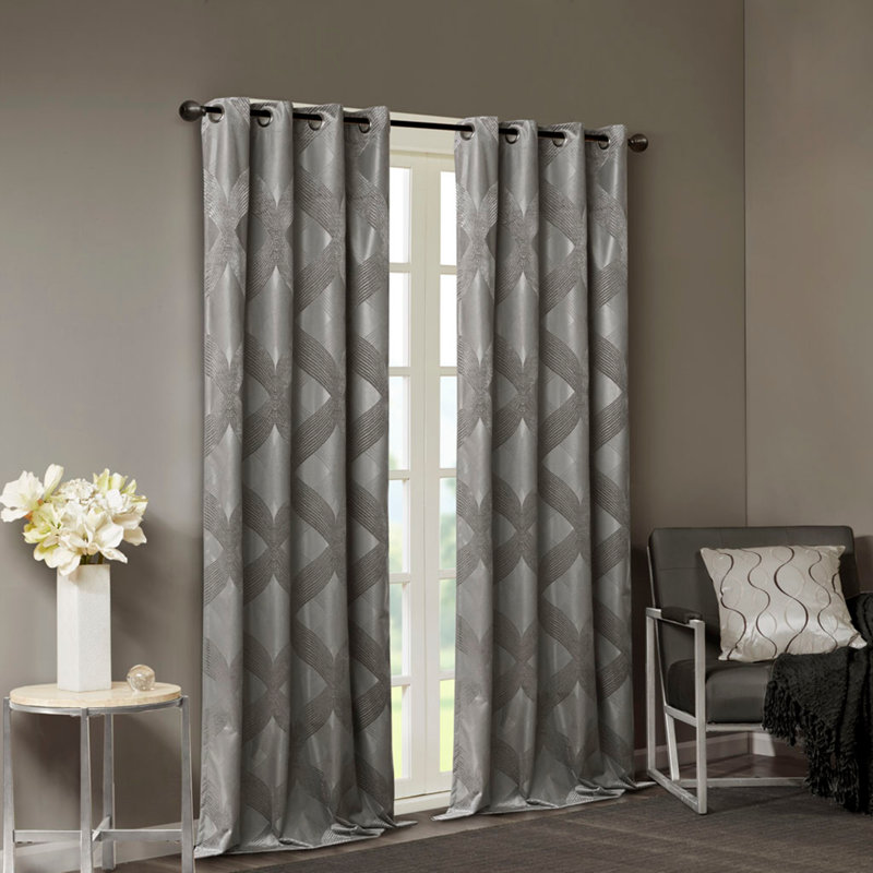 Ogee Knitted Jacquard Total Blackout Curtain Panel For Maximum Privacy And Noise Reduction, Single Panel, Charcoal