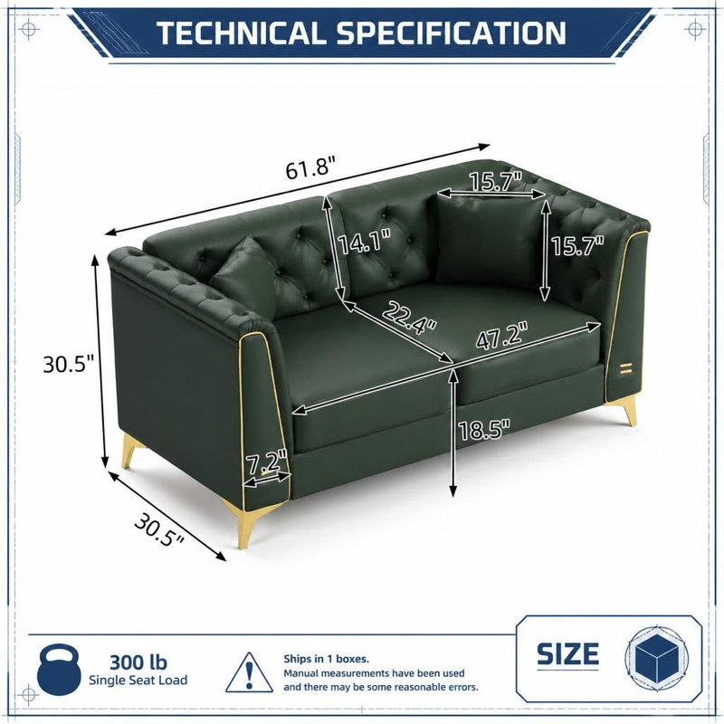 Canapé Chesterfield modulaire léger de luxe à 2 places, canapé en similicuir avec capitonnage à boutons fait à la main, accoudoirs garnis de métal et pieds fuselés en métal, comprend 2 coussins décoratifs