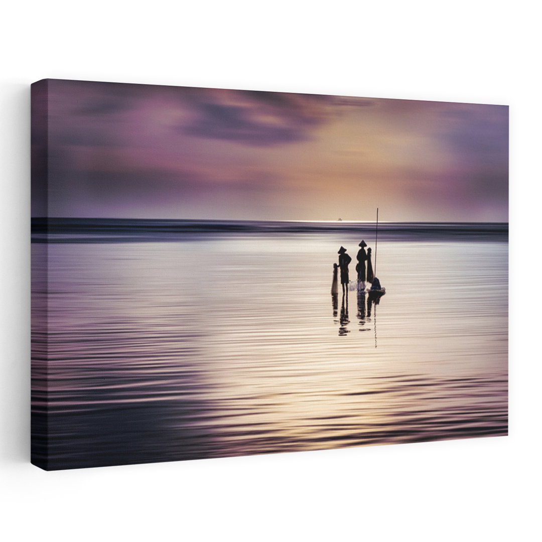 Silhouettes At Sunset Peaceful Serene Tranquil Beach Landscape Wall Art Print