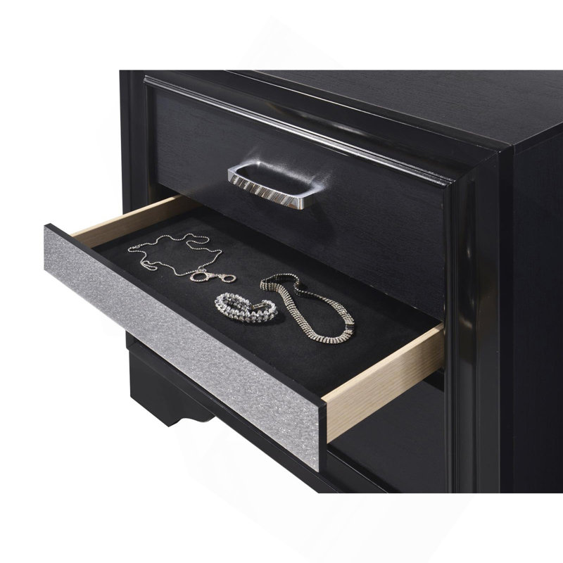 Table de chevet noire à 2 tiroirs avec plateau à bijoux caché, Noir
