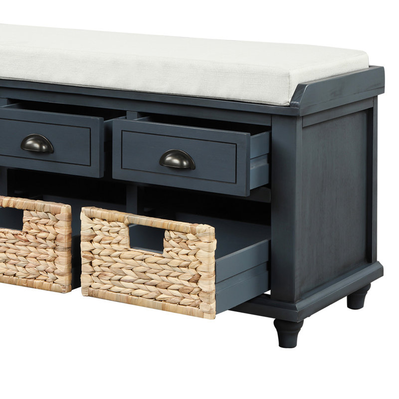 Babloo Vintage style bench with drawers decorated with rattan and upholstered cushions for bedrooms and entryways